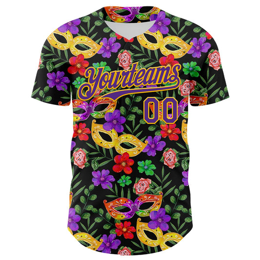 Custom Black Purple-Gold 3D Pattern Design Mardi Gras Shrove Tuesday Authentic Baseball Jersey - Sky-Custom