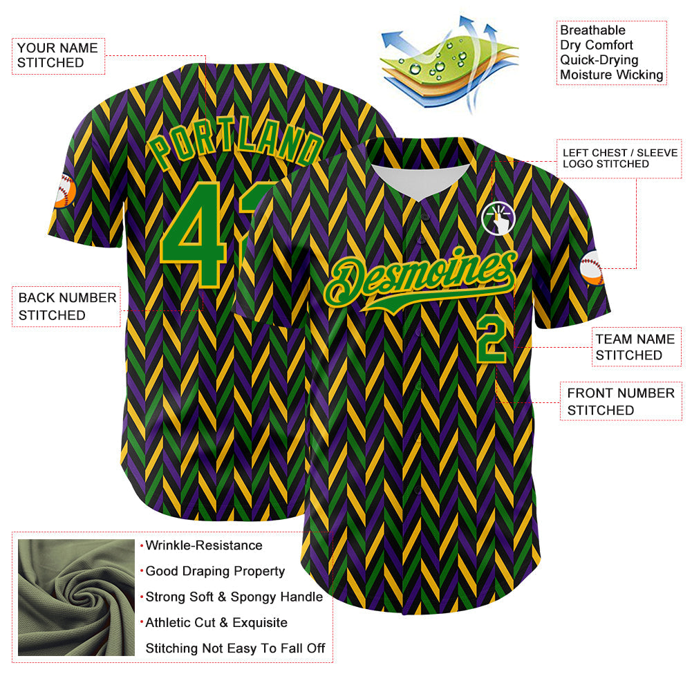 Custom Black Grass Green-Yellow 3D Pattern Design Mardi Gras Shrove Tuesday Authentic Baseball Jersey - Sky-Custom