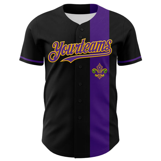 Custom Black Purple-Gold 3D Pattern Design Mardi Gras Shrove Tuesday Authentic Baseball Jersey - Sky-Custom