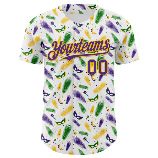 Custom White Purple-Yellow 3D Pattern Design Mardi Gras Shrove Tuesday Authentic Baseball Jersey - Sky-Custom