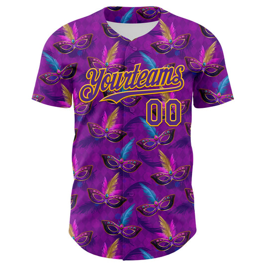 Custom Purple Gold 3D Pattern Design Mardi Gras Shrove Tuesday Authentic Baseball Jersey - Sky-Custom