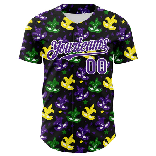 Custom Black Purple-White 3D Pattern Design Mardi Gras Shrove Tuesday Authentic Baseball Jersey - Sky-Custom