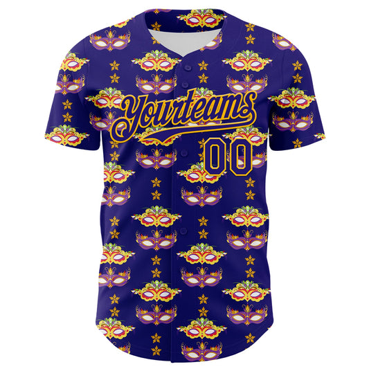 Custom Dark Purple Gold 3D Pattern Design Mardi Gras Shrove Tuesday Authentic Baseball Jersey - Sky-Custom