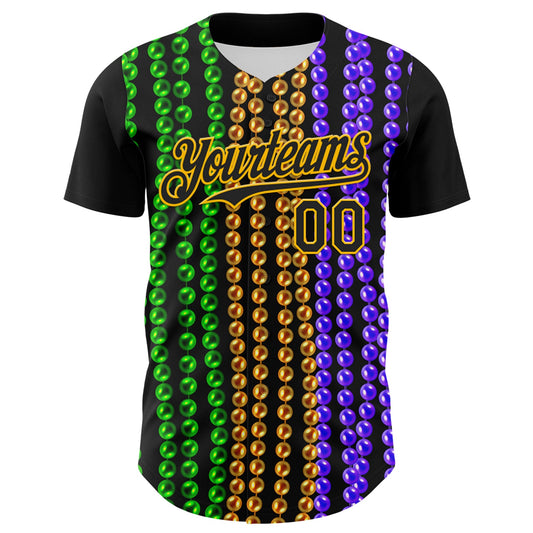 Custom Black Gold 3D Pattern Design Mardi Gras Shrove Tuesday Authentic Baseball Jersey - Sky-Custom