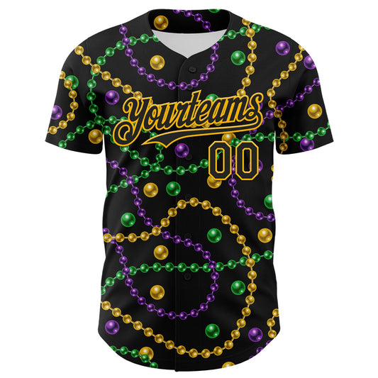 Custom Black Gold 3D Pattern Design Mardi Gras Shrove Tuesday Authentic Baseball Jersey - Sky-Custom