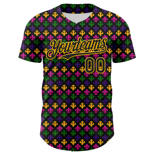 Custom Black Gold 3D Pattern Design Mardi Gras Shrove Tuesday Authentic Baseball Jersey - Sky-Custom