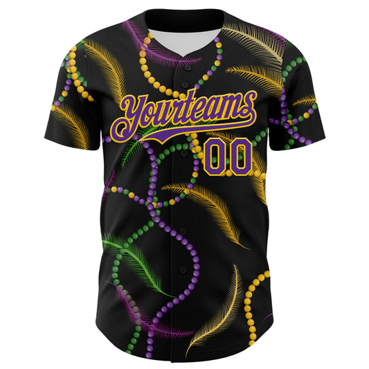 Custom Black Purple-Gold 3D Pattern Design Mardi Gras Shrove Tuesday Authentic Baseball Jersey - Sky-Custom