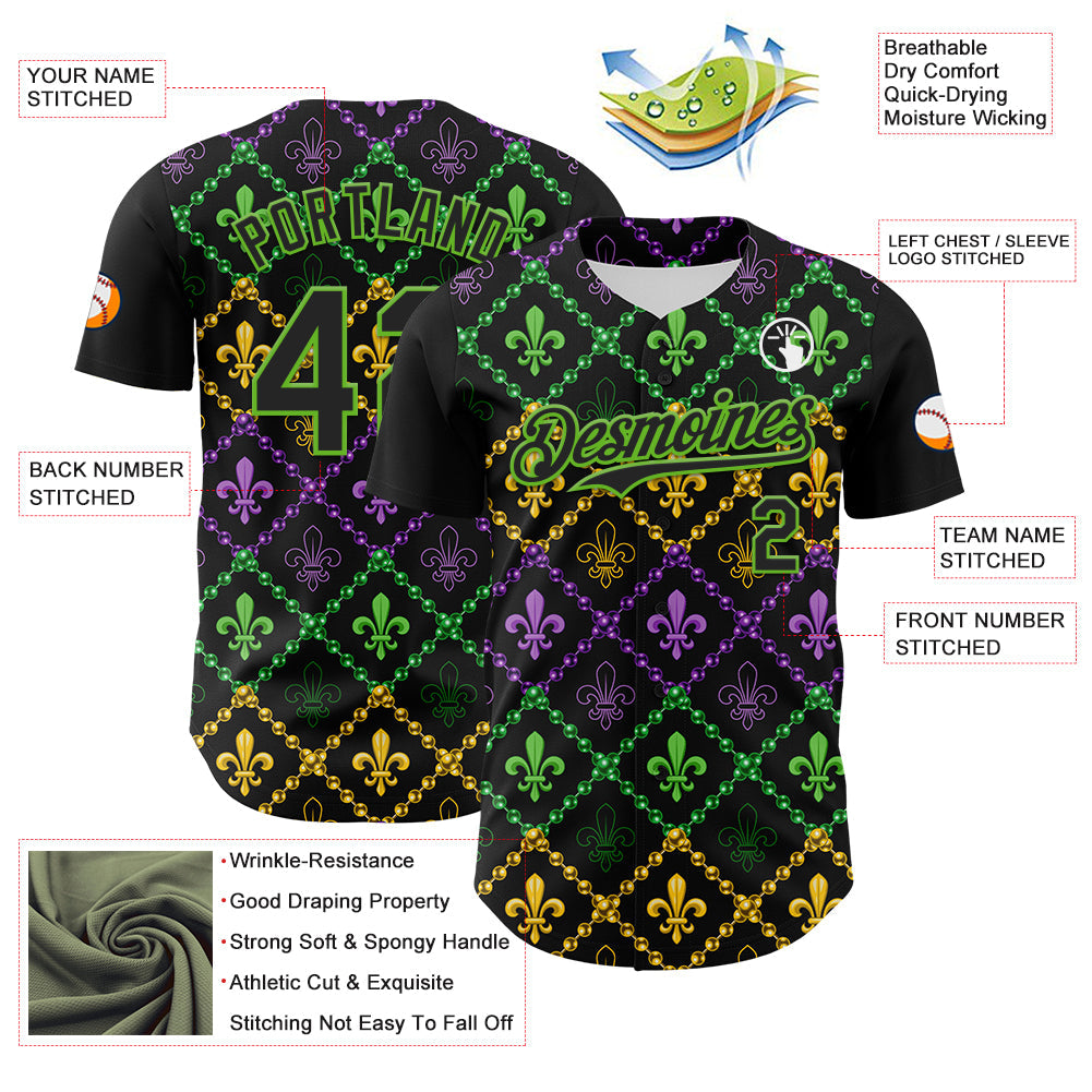 Custom Black Aurora Green 3D Pattern Design Mardi Gras Shrove Tuesday Authentic Baseball Jersey - Sky-Custom