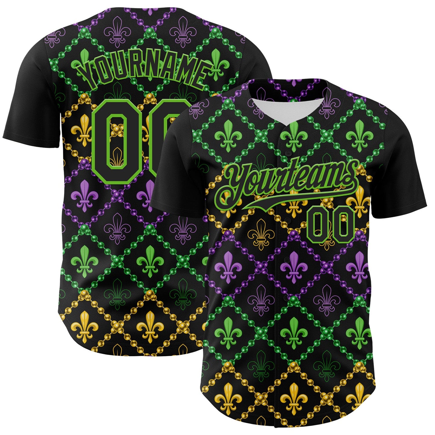 Custom Black Aurora Green 3D Pattern Design Mardi Gras Shrove Tuesday Authentic Baseball Jersey - Sky-Custom