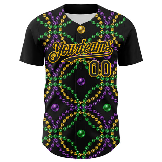 Custom Black Gold 3D Pattern Design Mardi Gras Shrove Tuesday Authentic Baseball Jersey - Sky-Custom