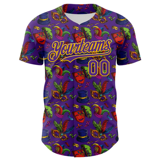 Custom Purple Gold 3D Pattern Design Mardi Gras Shrove Tuesday Authentic Baseball Jersey - Sky-Custom