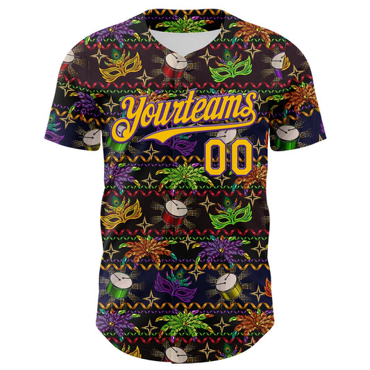Custom Black Gold-Purple 3D Pattern Design Mardi Gras Shrove Tuesday Authentic Baseball Jersey - Sky-Custom