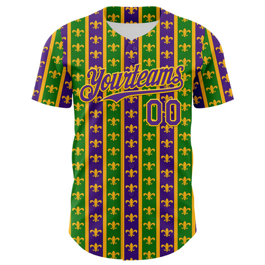 Custom Green Purple-Gold 3D Pattern Design Mardi Gras Shrove Tuesday Authentic Baseball Jersey - Sky-Custom