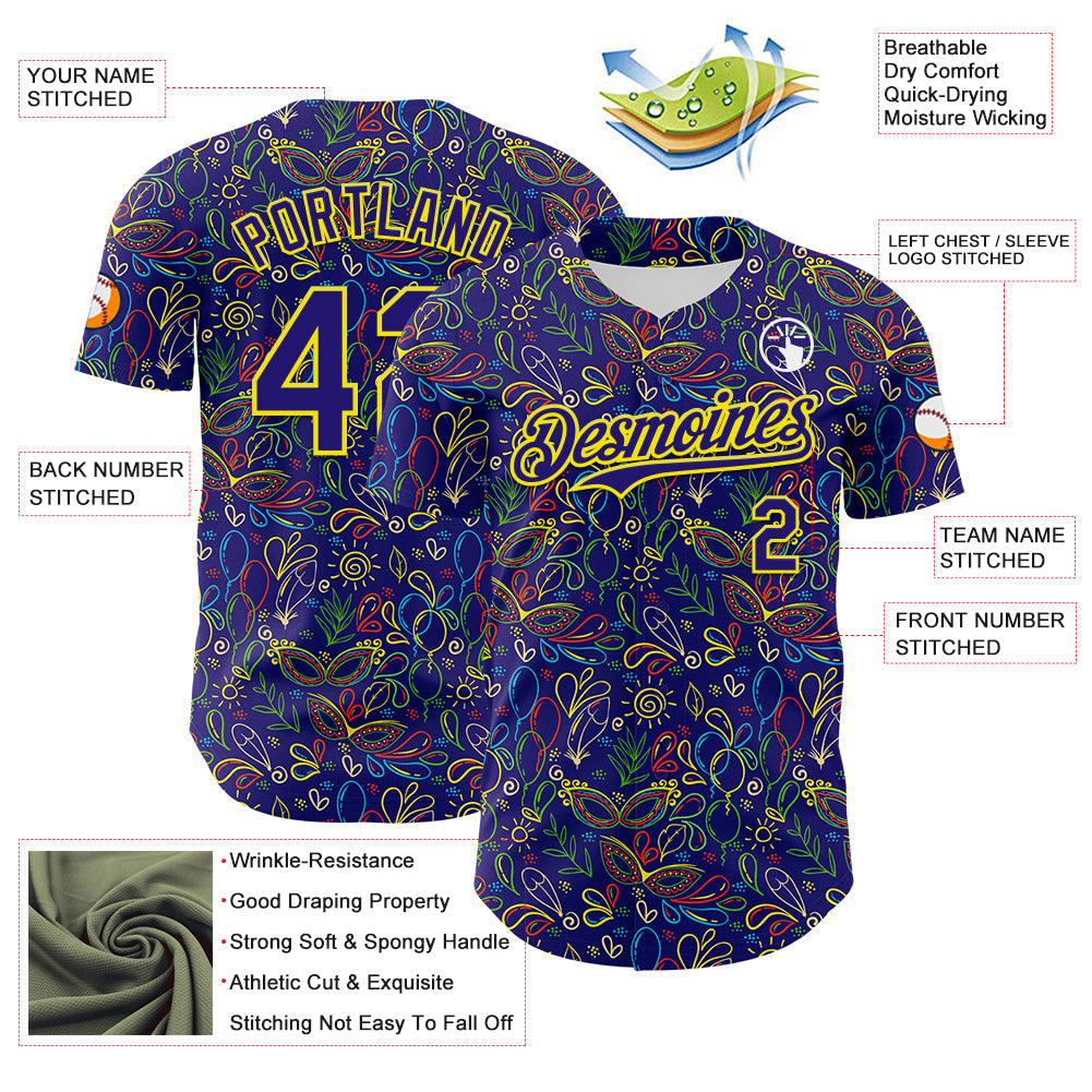 Custom Dark Purple Light Yellow 3D Pattern Design Mardi Gras Shrove Tuesday Authentic Baseball Jersey - Sky-Custom