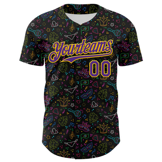 Custom Black Purple-Gold 3D Pattern Design Mardi Gras Shrove Tuesday Authentic Baseball Jersey - Sky-Custom