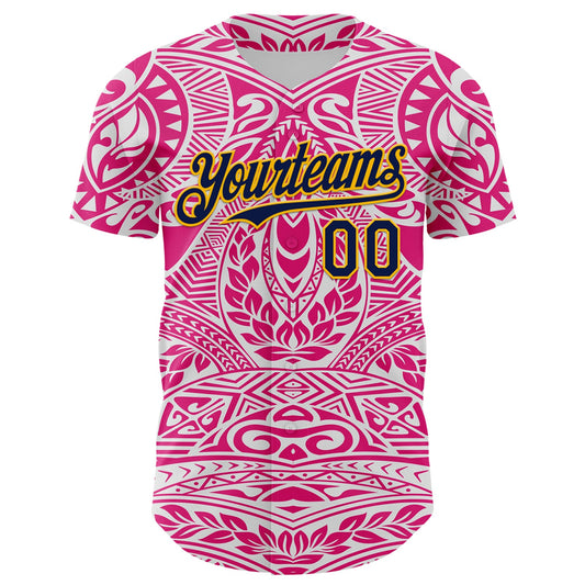 Custom Hot Pink Navy-Gold 3D Pattern Design Burner Costumes Ethnic Floral Authentic Baseball Jersey - Sky-Custom