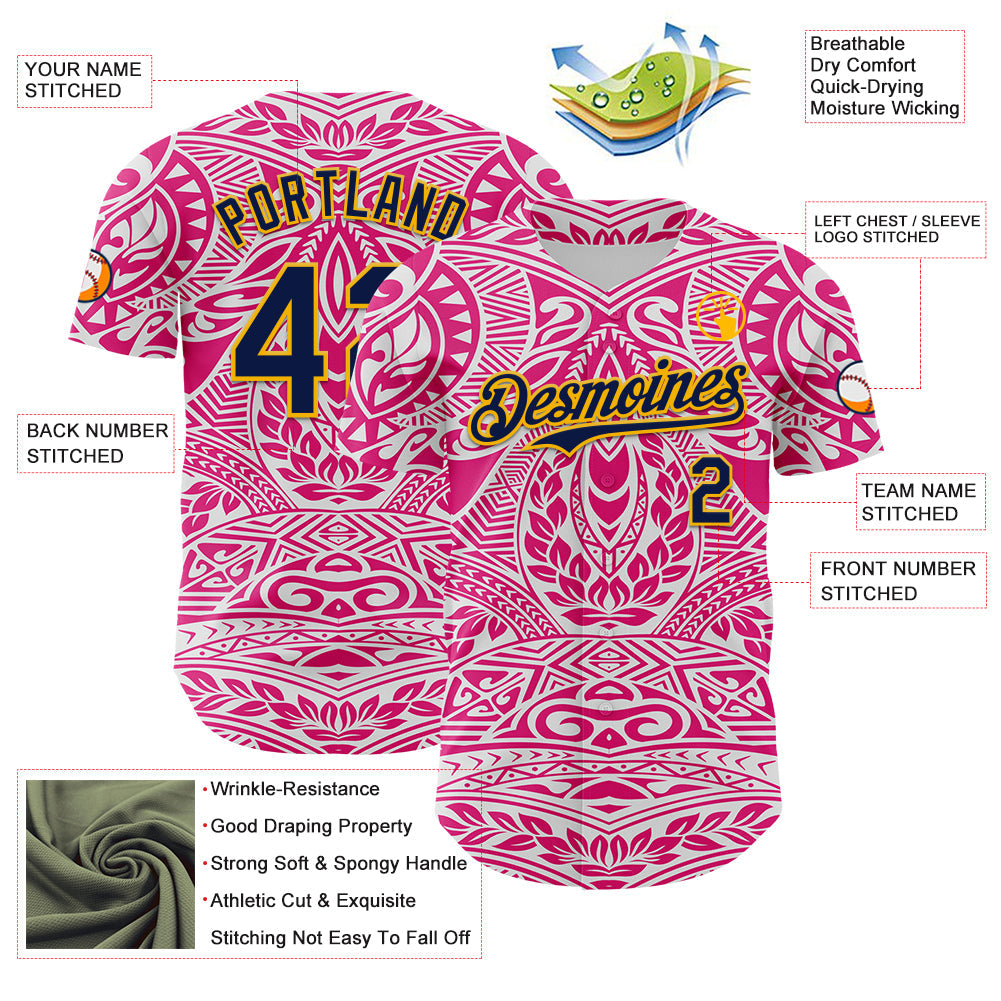 Custom Hot Pink Navy-Gold 3D Pattern Design Burner Costumes Ethnic Floral Authentic Baseball Jersey - Sky-Custom
