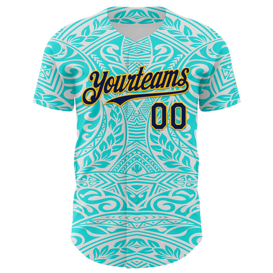 Custom Ice Blue Navy-Gold 3D Pattern Design Burner Costumes Tribal Tattoo Authentic Baseball Jersey - Sky-Custom