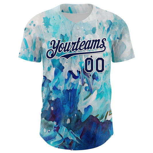 Custom White Navy 3D Pattern Design Burner Costumes Watercolor Paint Authentic Baseball Jersey - Sky-Custom