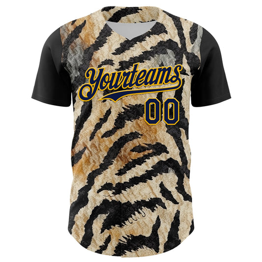 Custom Black Navy-Gold 3D Pattern Design Burner Costumes Tiger Print Authentic Baseball Jersey - Sky-Custom