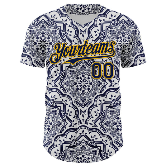 Custom Navy Gold 3D Pattern Design Burner Costumes Damask Authentic Baseball Jersey - Sky-Custom