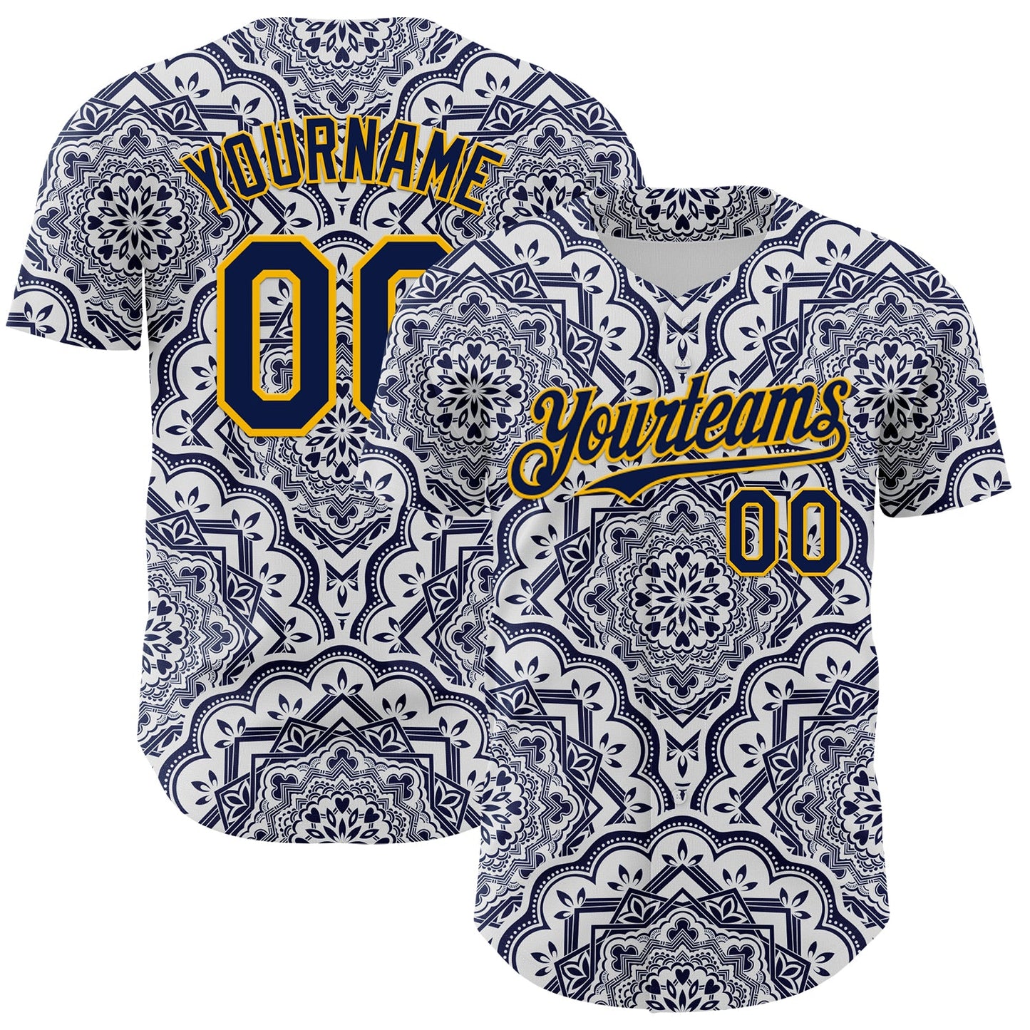 Custom Navy Gold 3D Pattern Design Burner Costumes Damask Authentic Baseball Jersey - Sky-Custom