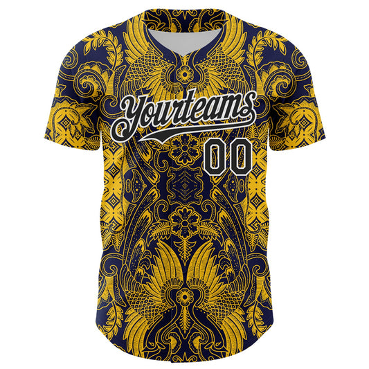 Custom Navy Black Yellow-White 3D Pattern Design Burner Costumes Paisley Authentic Baseball Jersey - Sky-Custom