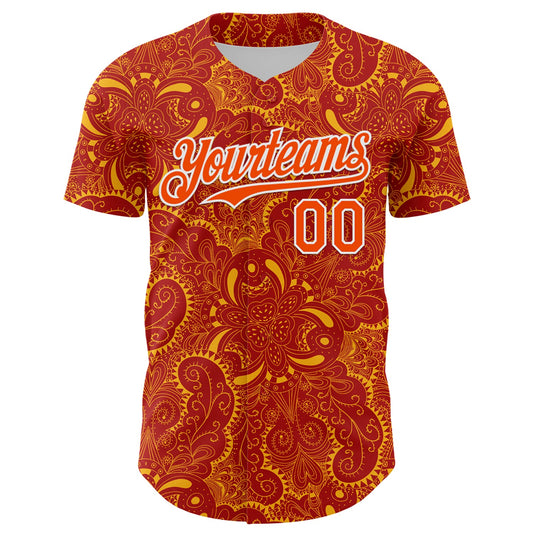 Custom Red Orange Gold-White 3D Pattern Design Burner Costumes Paisley Authentic Baseball Jersey - Sky-Custom