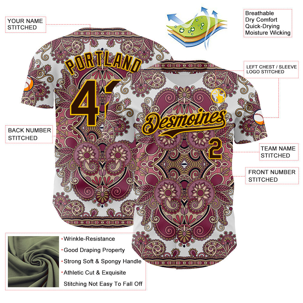 Custom White Brown Red-Yellow 3D Pattern Design Burner Costumes Exotic Authentic Baseball Jersey - Sky-Custom