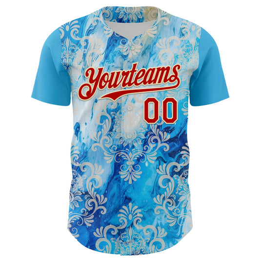 Custom Sky Blue Red-Cream 3D Pattern Design Burner Costumes Paisley Bandana Authentic Baseball Jersey - Sky-Custom