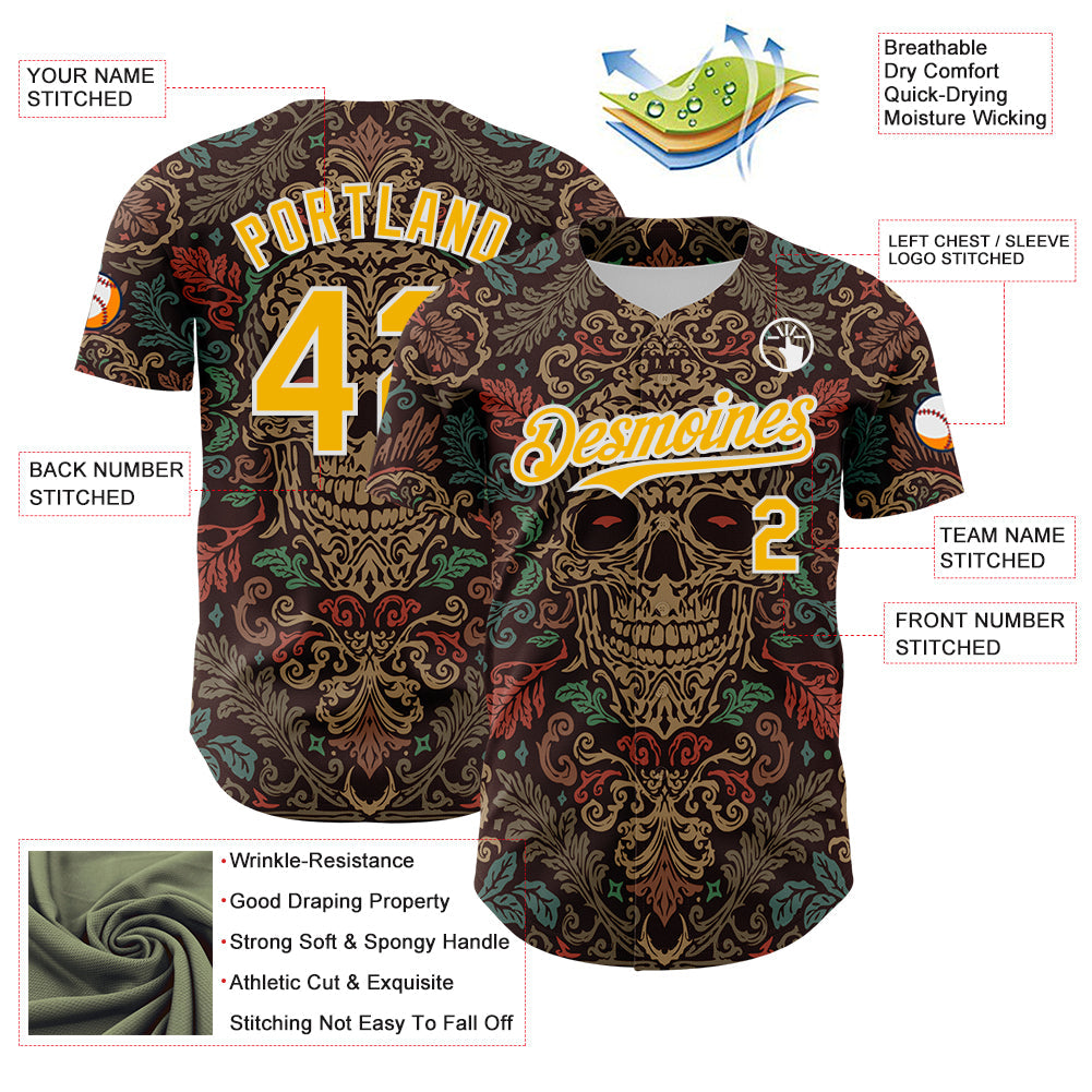 Custom Brown Gold-White 3D Pattern Design Burner Costumes Skull Floral Authentic Baseball Jersey - Sky-Custom