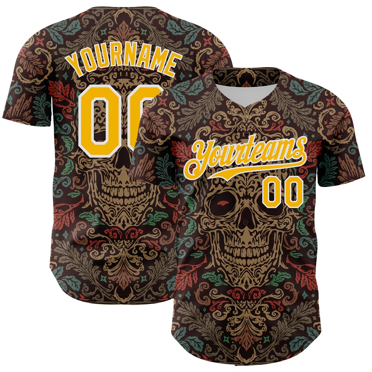 Custom Brown Gold-White 3D Pattern Design Burner Costumes Skull Floral Authentic Baseball Jersey - Sky-Custom