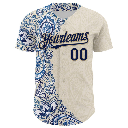 Custom Cream Navy Royal-Vegas Gold 3D Pattern Design Burner Costumes Paisley Authentic Baseball Jersey - Sky-Custom