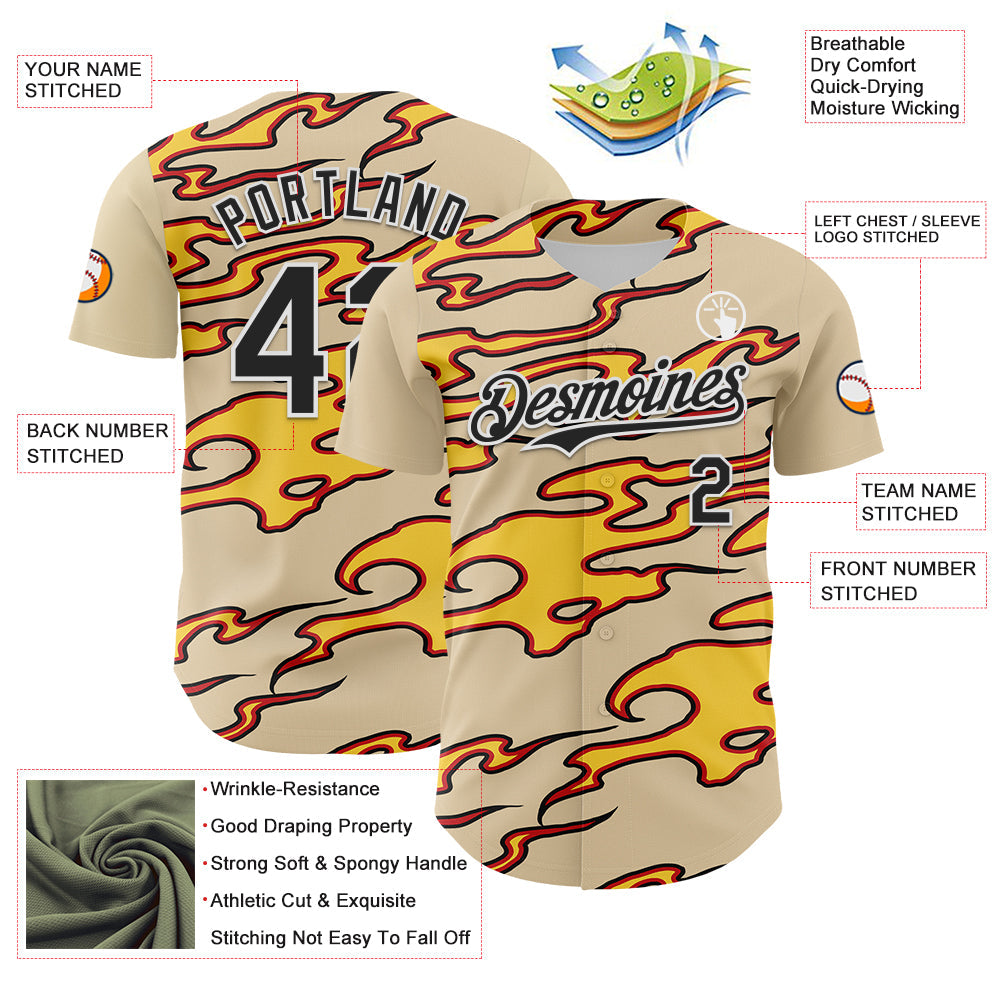 Custom City Cream Black-White 3D Pattern Design Rave Party Flame Authentic Baseball Jersey - Sky-Custom