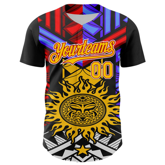 Custom Black Yellow Red-White 3D Pattern Design Rave Party Sun Tribal Authentic Baseball Jersey - Sky-Custom