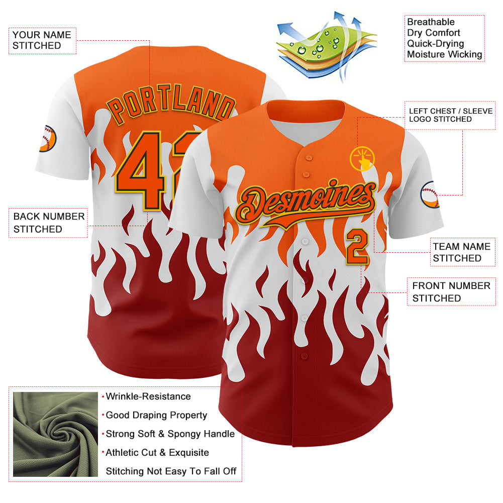 Custom White Orange Red Black-Yellow 3D Pattern Design Rave Party Flame Authentic Baseball Jersey - Sky-Custom