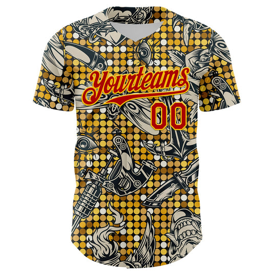 Custom Black Red-Yellow 3D Pattern Design Rave Party Tattoos Disco Authentic Baseball Jersey - Sky-Custom