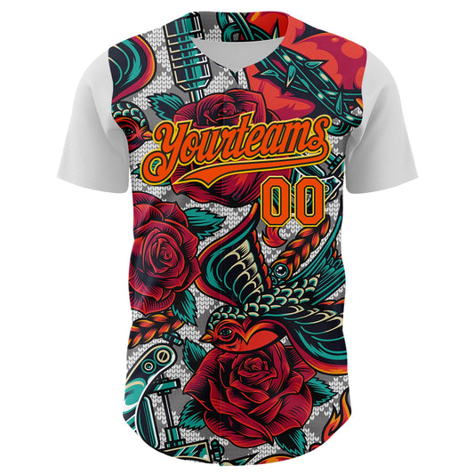 Custom White Orange Black-Yellow 3D Pattern Design Rave Party Roses Vintage Tattoos Authentic Baseball Jersey - Sky-Custom