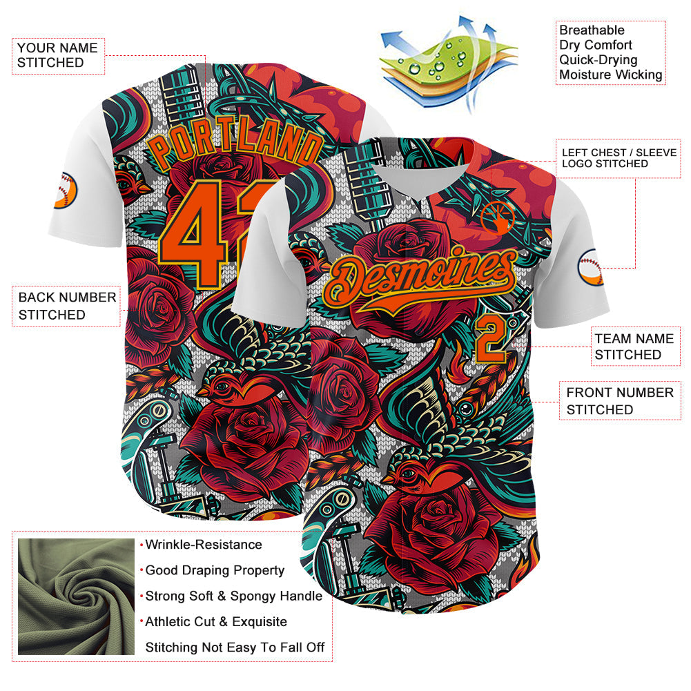 Custom White Orange Black-Yellow 3D Pattern Design Rave Party Roses Vintage Tattoos Authentic Baseball Jersey - Sky-Custom