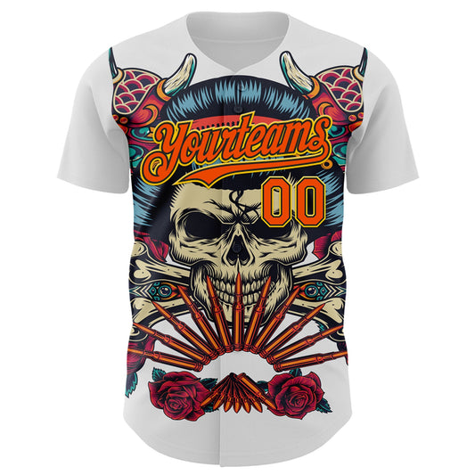 Custom White Orange Black-Yellow 3D Pattern Design Rave Party Vintage Geisha Skull Authentic Baseball Jersey - Sky-Custom
