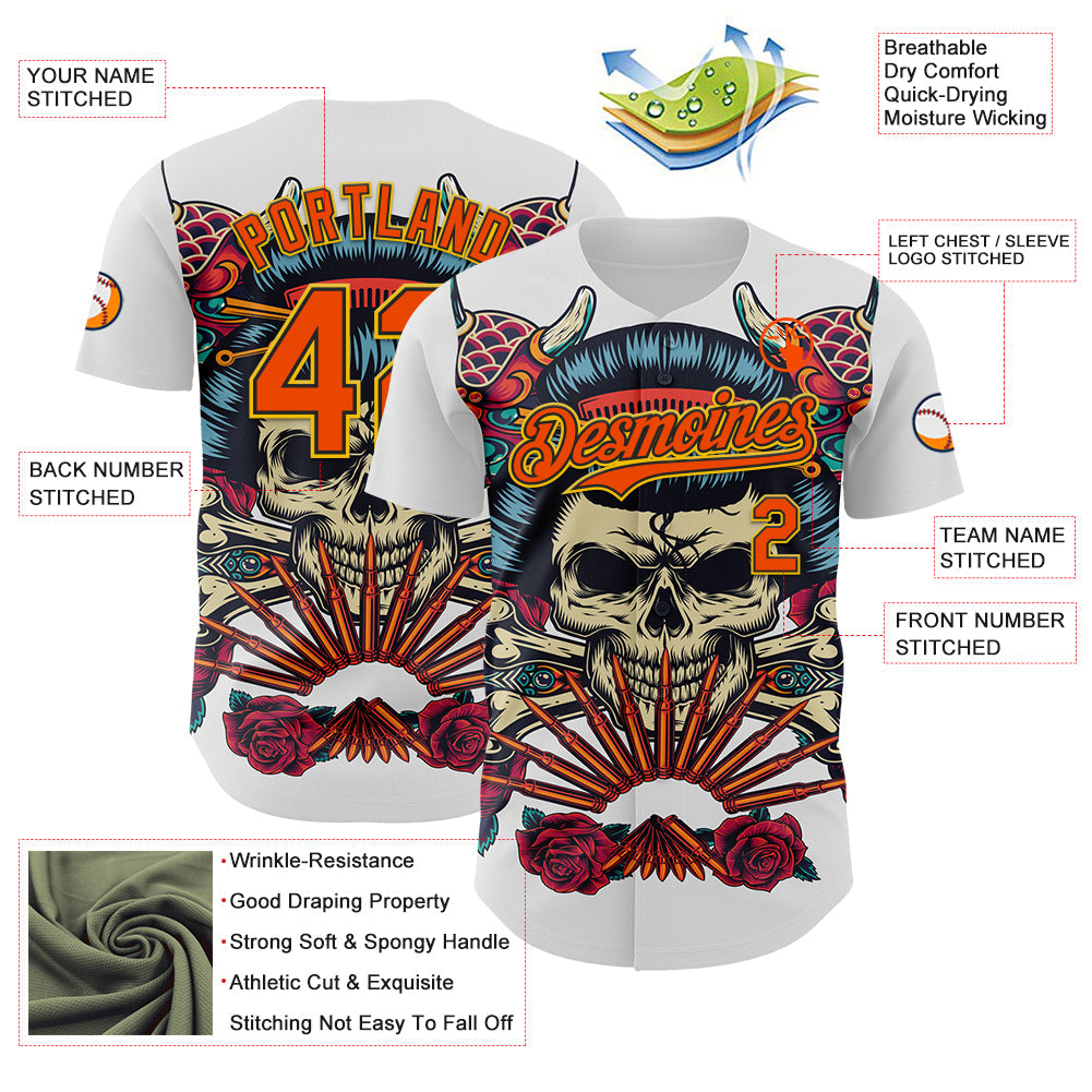 Custom White Orange Black-Yellow 3D Pattern Design Rave Party Vintage Geisha Skull Authentic Baseball Jersey - Sky-Custom