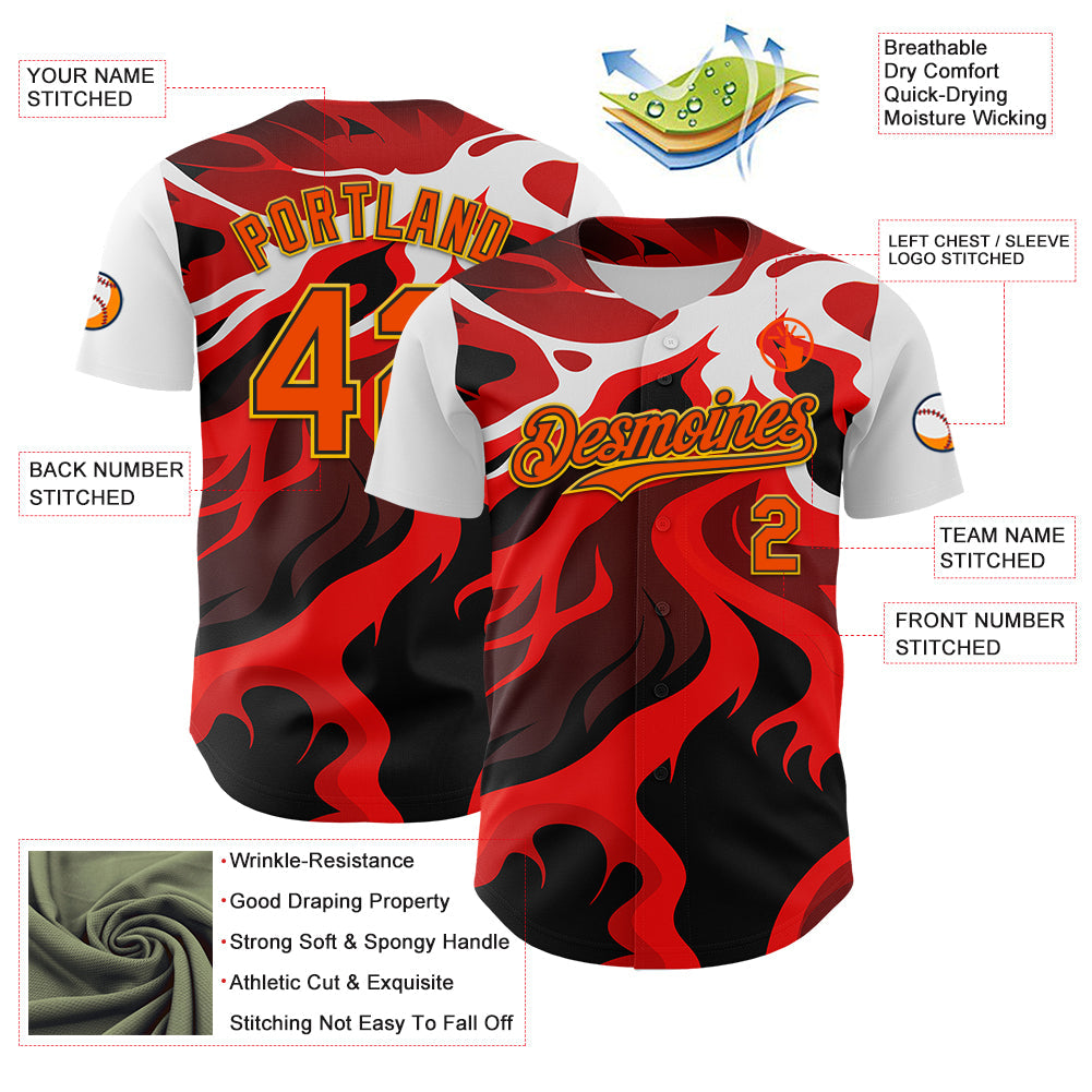 Custom White Orange Black-Yellow 3D Pattern Design Rave Party Flame Lava Authentic Baseball Jersey - Sky-Custom