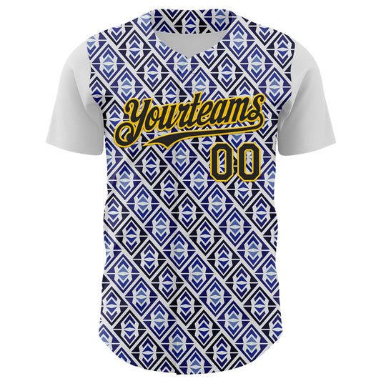 Custom White Black Royal-Gold 3D Pattern Design Rave Party Monogram Geometric Shape Authentic Baseball Jersey - Sky-Custom