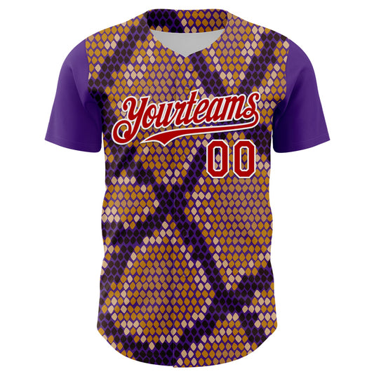 Custom Purple Red-White 3D Pattern Design Rave Party Animal Snake Python Print Authentic Baseball Jersey - Sky-Custom