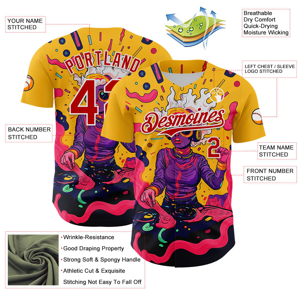 Custom Gold Red-White 3D Pattern Design Rave Party Trippy Disco Authentic Baseball Jersey - Sky-Custom