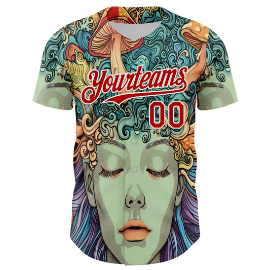 Custom Green Red-White 3D Pattern Design Rave Party Trippy Magic Mushroom Authentic Baseball Jersey - Sky-Custom