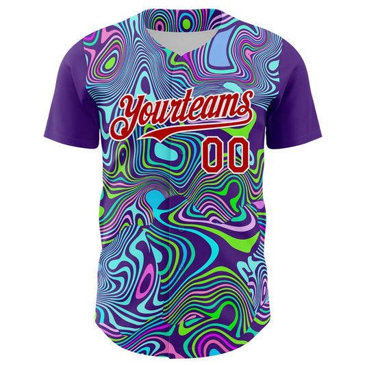 Custom Purple Red-White 3D Pattern Design Rave Party Trippy Laser Fluid Authentic Baseball Jersey - Sky-Custom