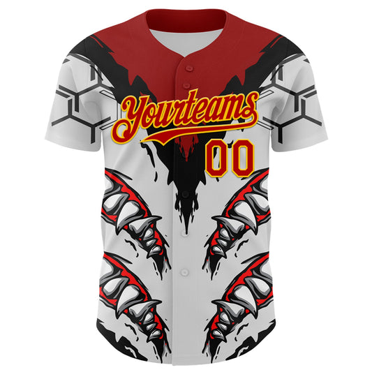 Custom White Red-Yellow 3D Pattern Design Burner Costumes Shark Teeth Authentic Baseball Jersey - Sky-Custom