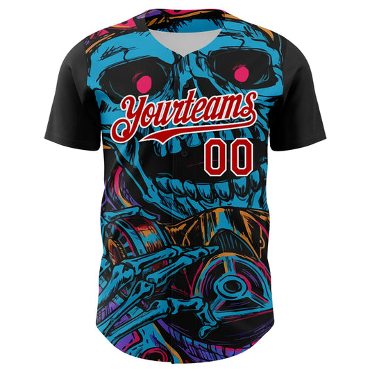 Custom Black Red-White 3D Pattern Design Burner Costumes Horror Skull Authentic Baseball Jersey - Sky-Custom