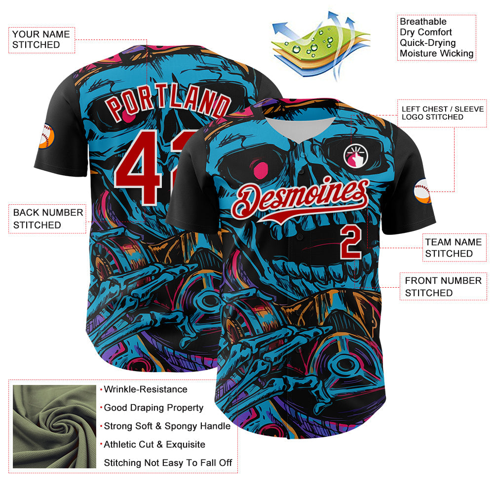 Custom Black Red-White 3D Pattern Design Burner Costumes Horror Skull Authentic Baseball Jersey - Sky-Custom
